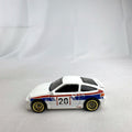 Hot Wheels 1988 Honda CRX diecast car in white HW Speed Graphics racing livery with gold wheels.