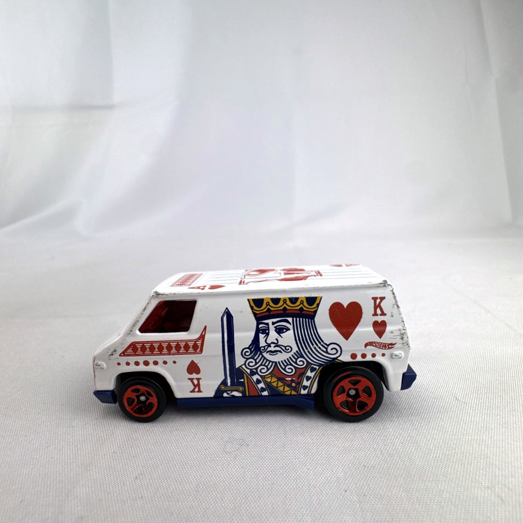 Hot Wheels 1:64 scale Super Van diecast vehicle featuring white King of Hearts playing card graphics
