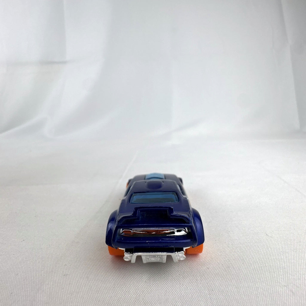 Hot Wheels Fast Fish 1:64 scale diecast car in dark blue with orange 5-spoke wheels and chrome base