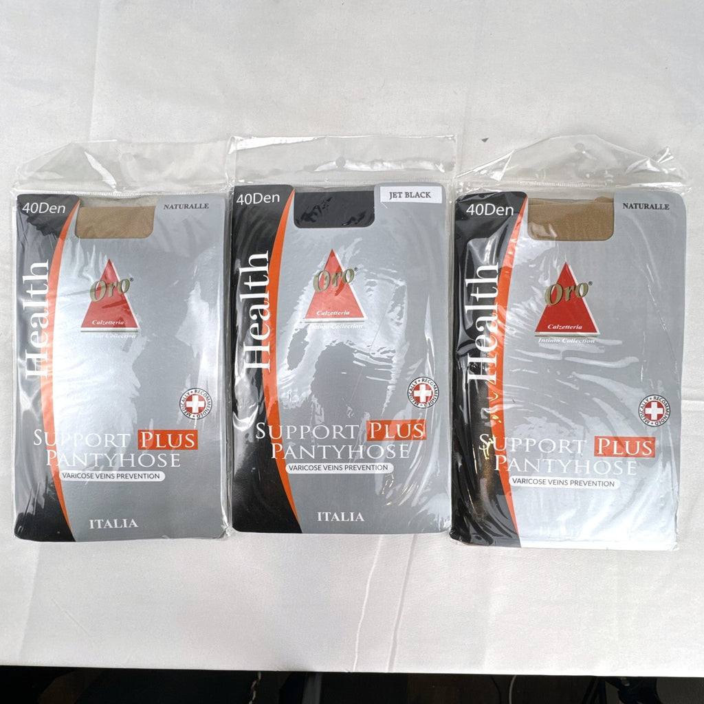 Pack of three Oro Health Support Plus 40 denier compression pantyhose in original unopened packaging.