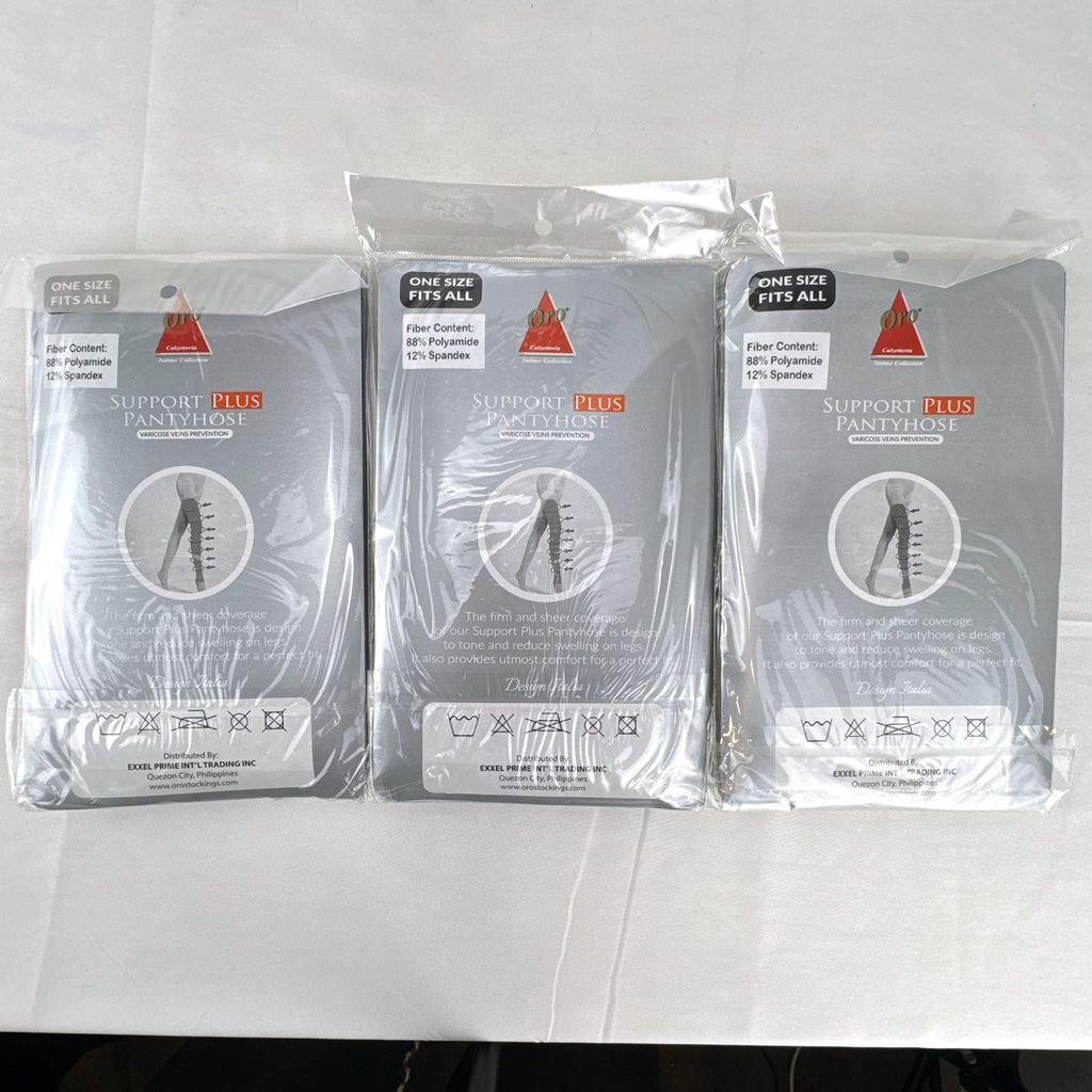 Pack of three Oro Health Support Plus 40 denier compression pantyhose in original unopened packaging.