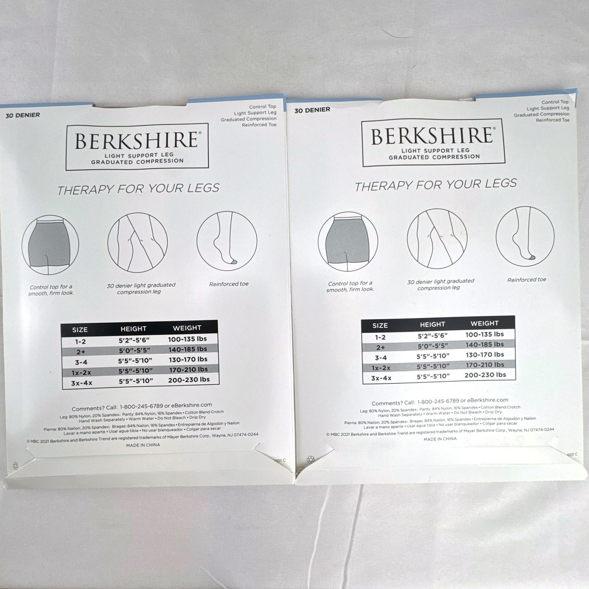 Two-pack of Berkshire light support graduated compression pantyhose in Natural Tan, size 3-4 in original packaging