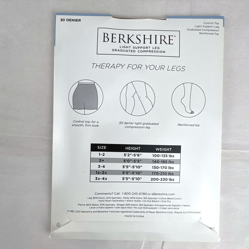 Two-pack of Berkshire light support graduated compression pantyhose in Natural Tan, size 3-4 in original packaging