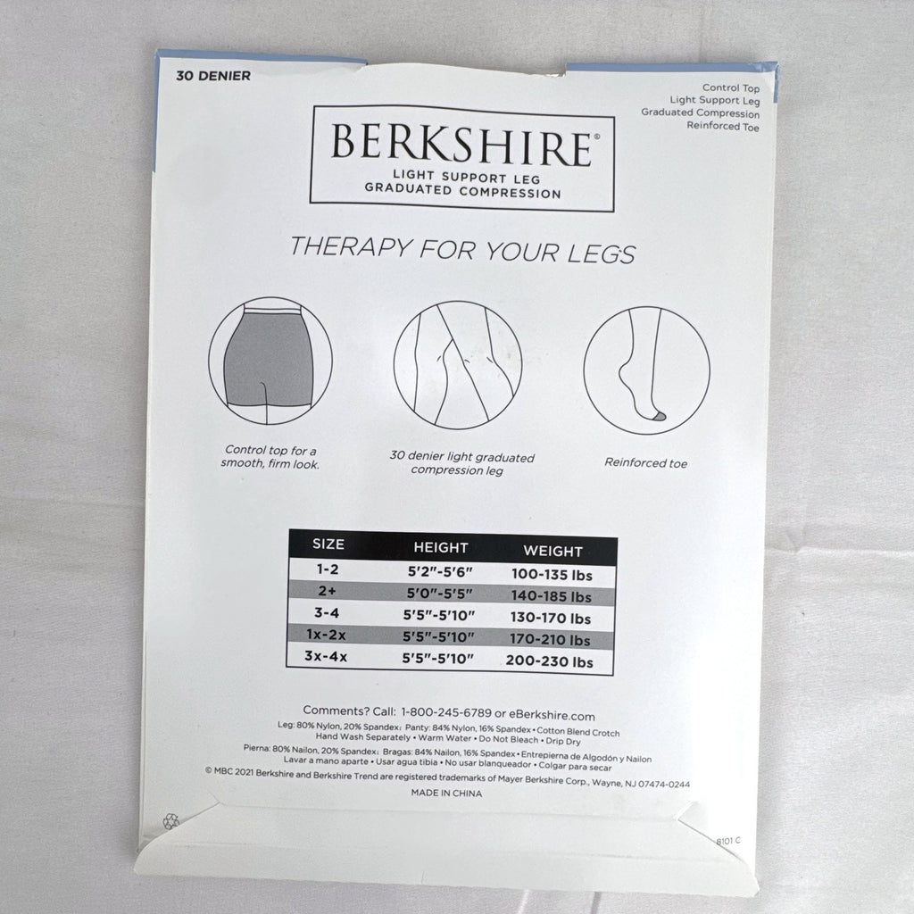 Two-pack of Berkshire light support graduated compression pantyhose in Natural Tan, size 3-4 in original packaging