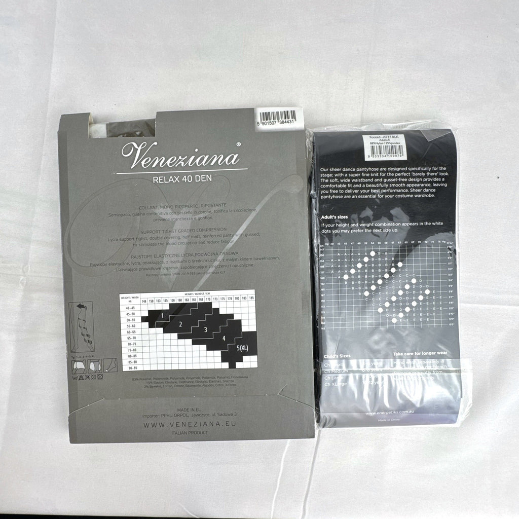 Packaged Veneziana Relax 40 compression tights and Energetiks sheer dance pantyhose in original retail packaging.