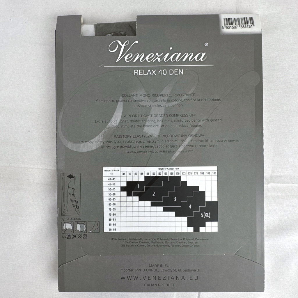 Packaged Veneziana Relax 40 compression tights and Energetiks sheer dance pantyhose in original retail packaging.