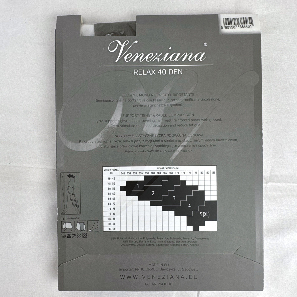 Packaged Veneziana Relax 40 compression tights and Energetiks sheer dance pantyhose in original retail packaging.