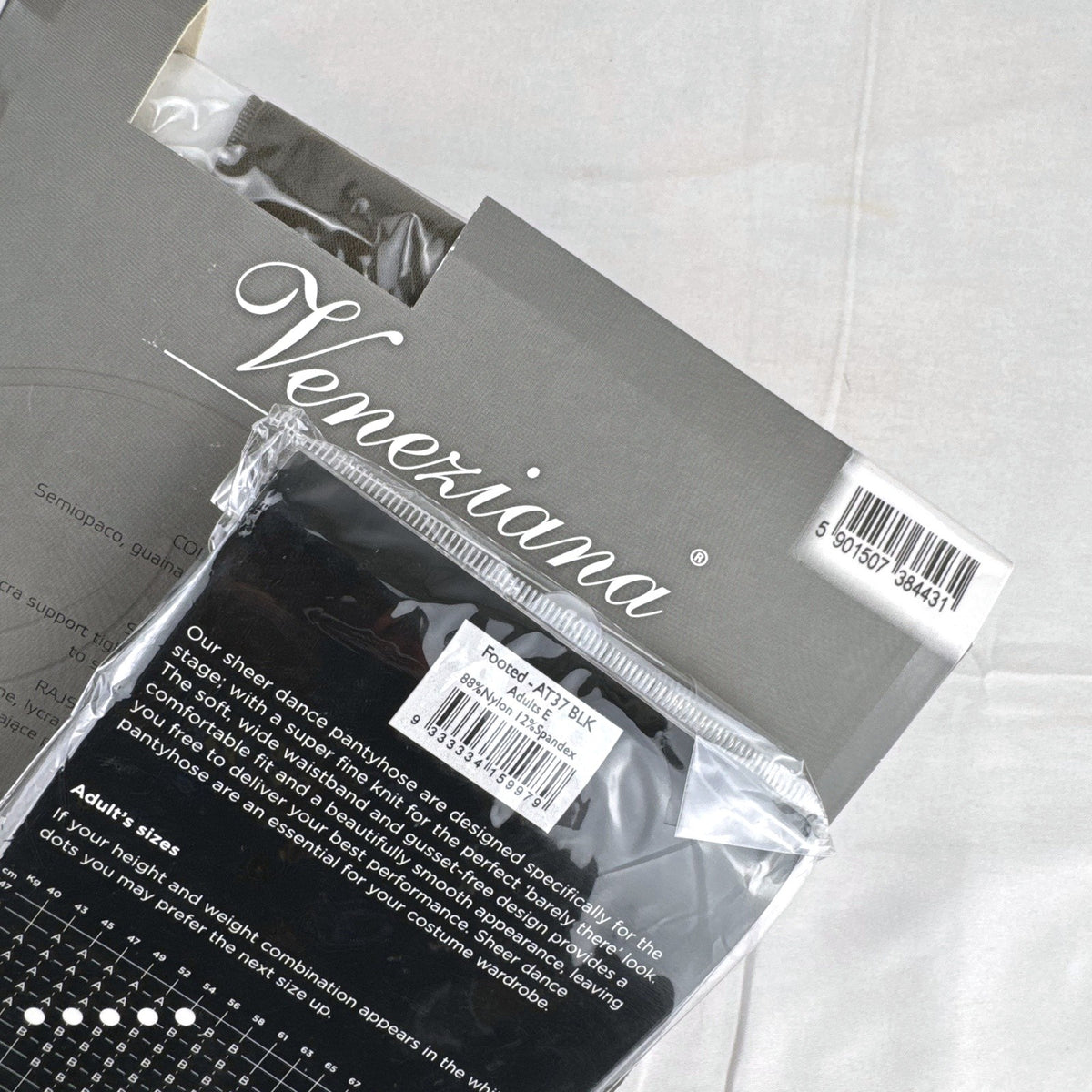 Packaged Veneziana Relax 40 compression tights and Energetiks sheer dance pantyhose in original retail packaging.