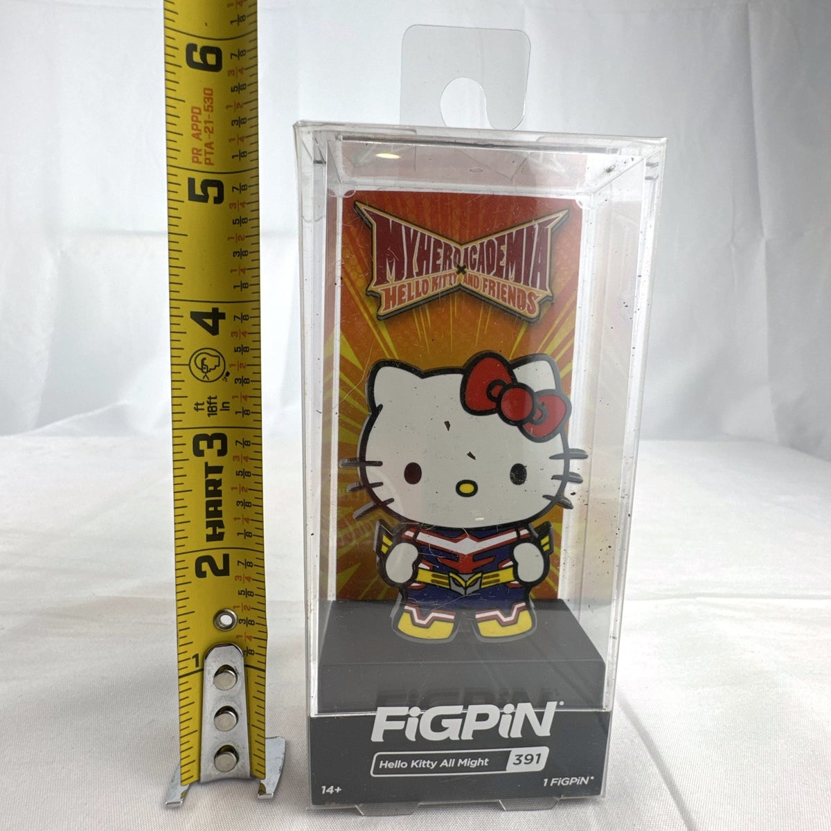 FiGPiN Hello Kitty as All Might #391 enamel pin in clear acrylic collector case