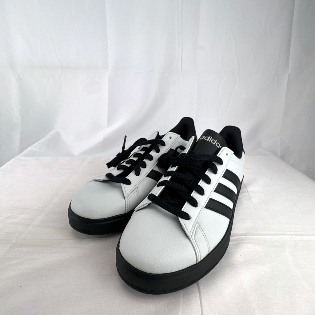 adidas men's low-top court sneakers in white faux leather with black stripes, size 10
