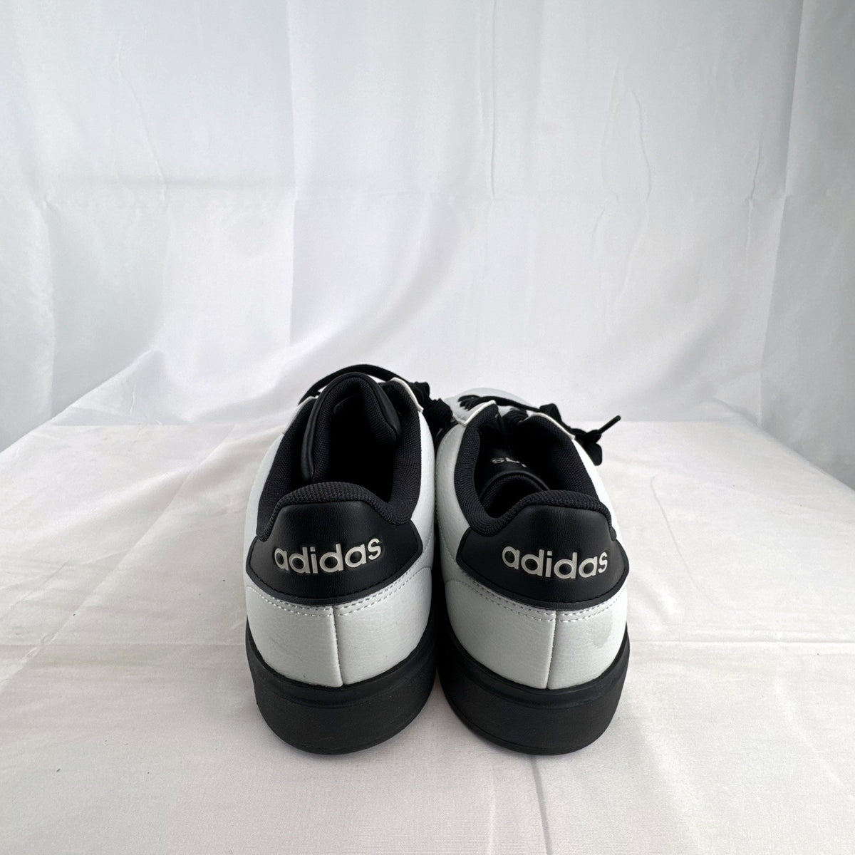adidas men's low-top court sneakers in white faux leather with black stripes, size 10