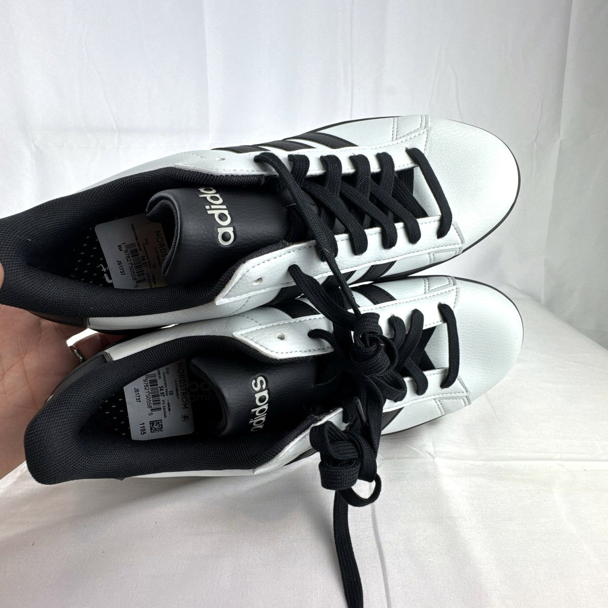 adidas men's low-top court sneakers in white faux leather with black stripes, size 10