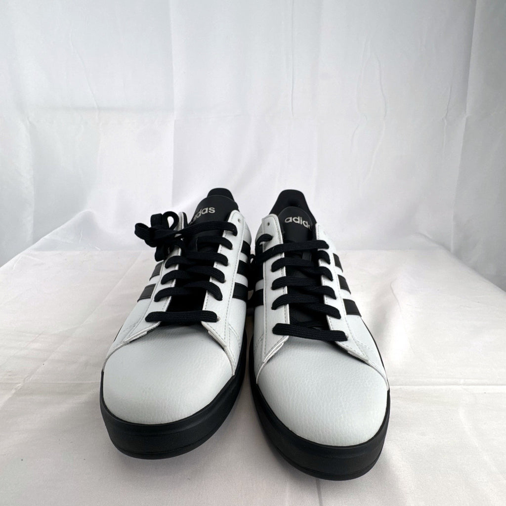 adidas men's low-top court sneakers in white faux leather with black stripes, size 10