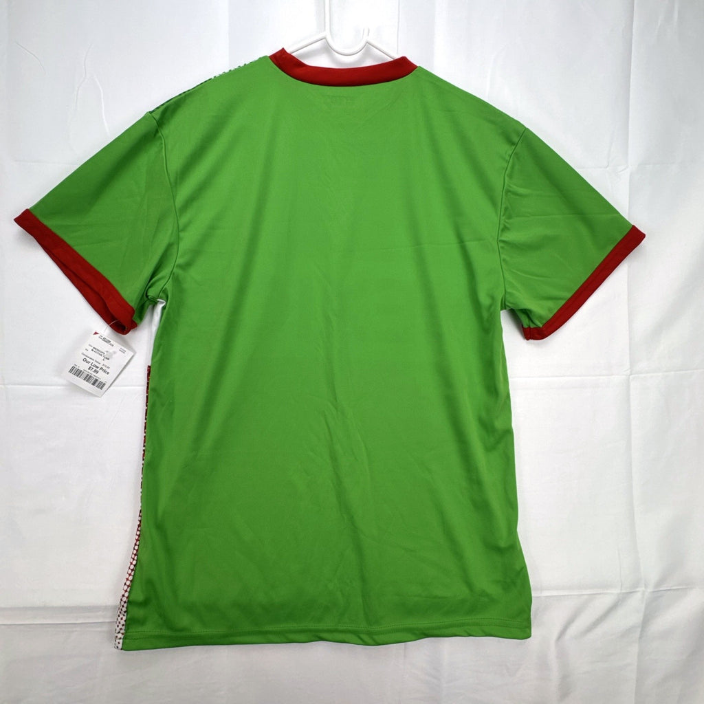 Front view of new Strike Force Mexico national soccer team jersey in green geometric print, men's size large