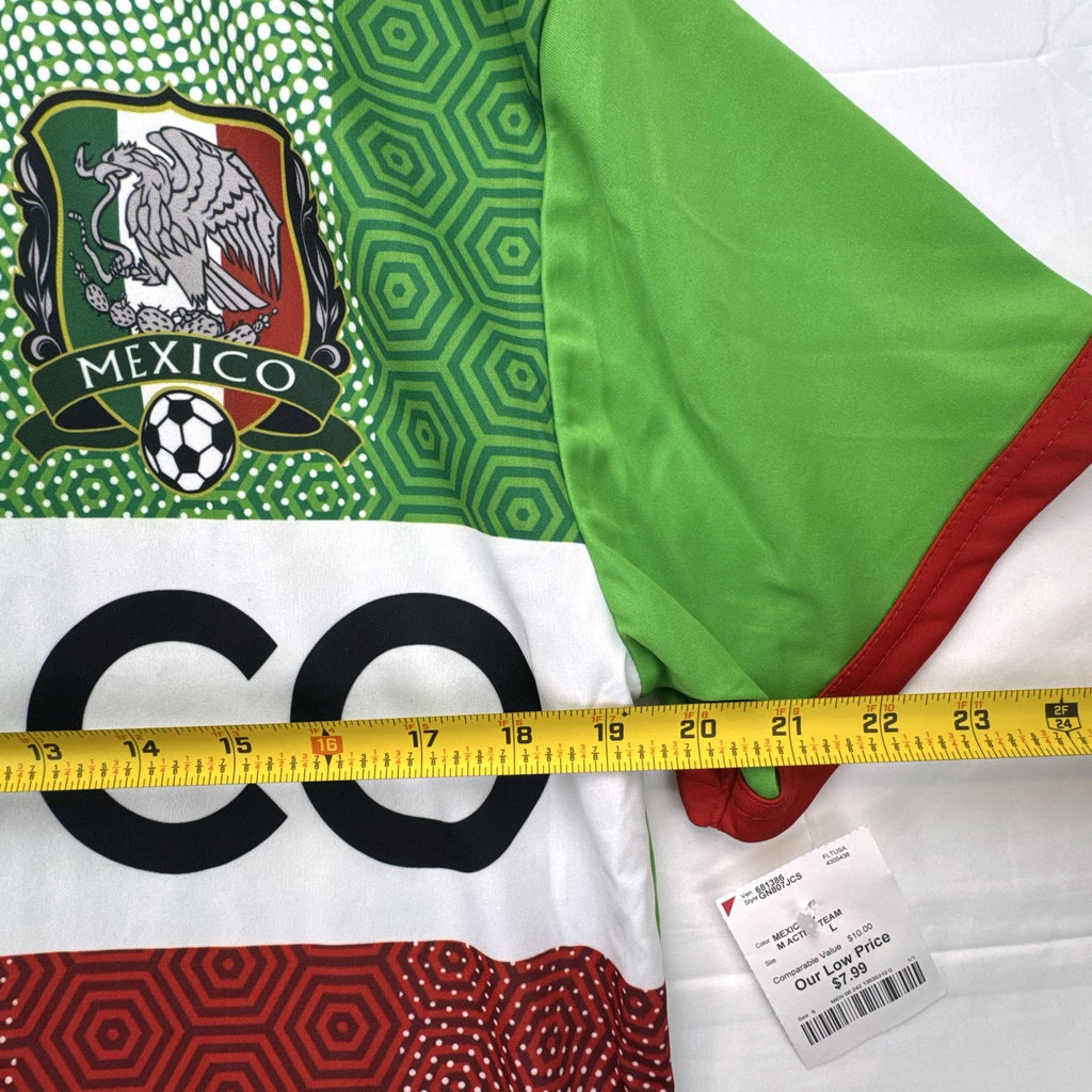 Front view of new Strike Force Mexico national soccer team jersey in green geometric print, men's size large