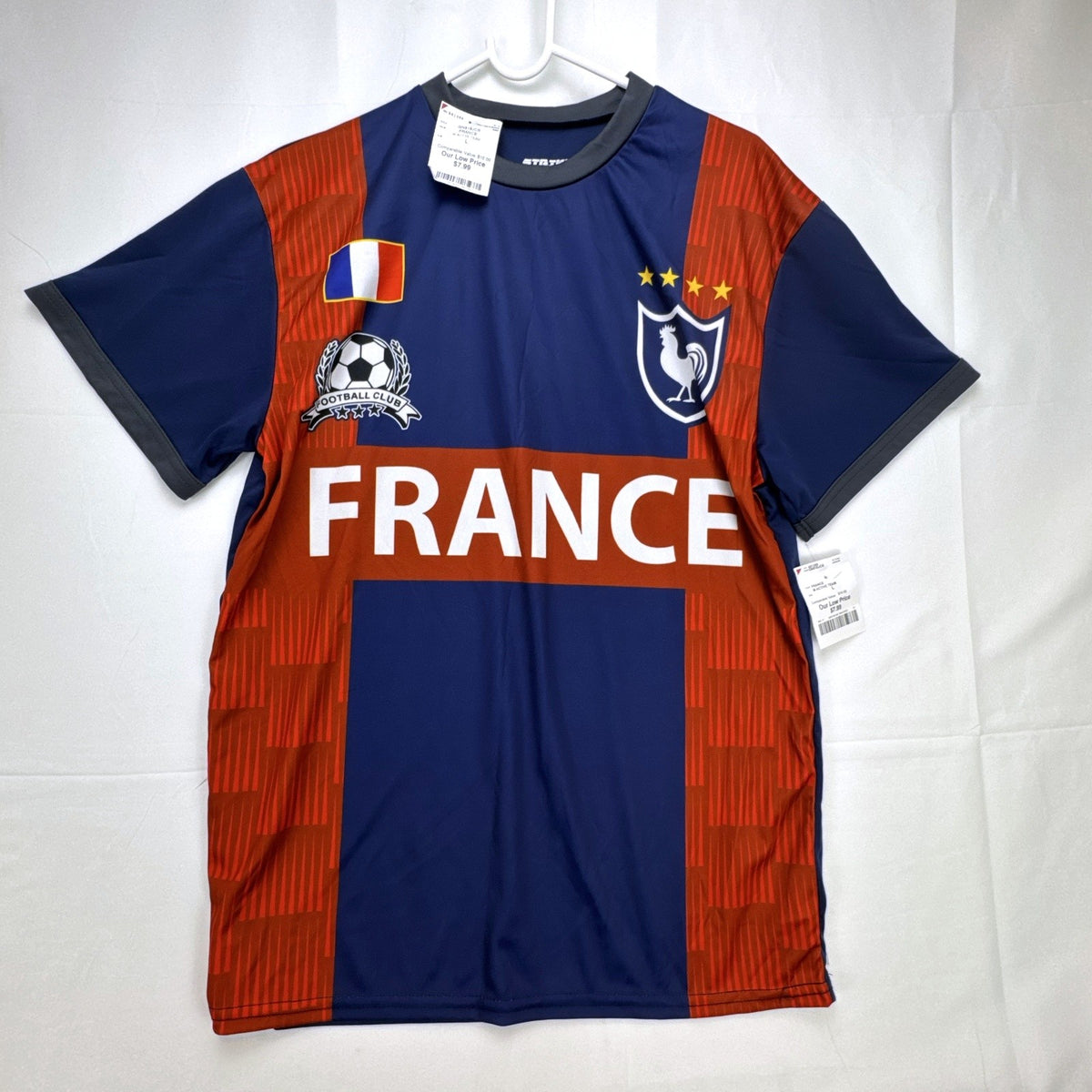 Strike Force France soccer jersey in blue and red panel design, men's size large with tags