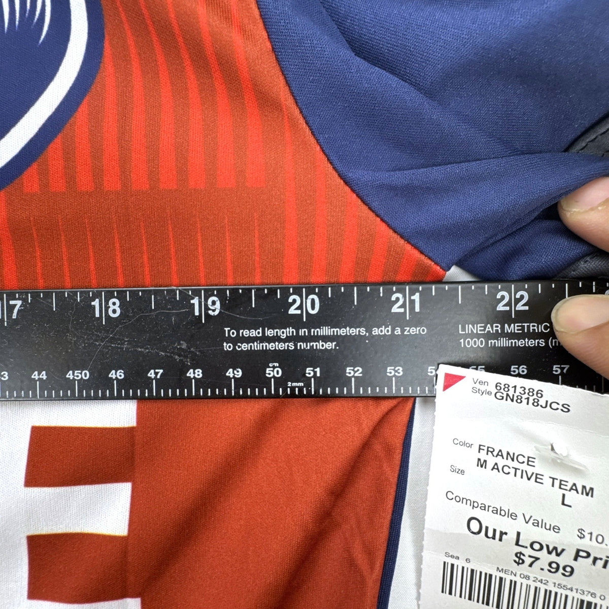 Strike Force France soccer jersey in blue and red panel design, men's size large with tags
