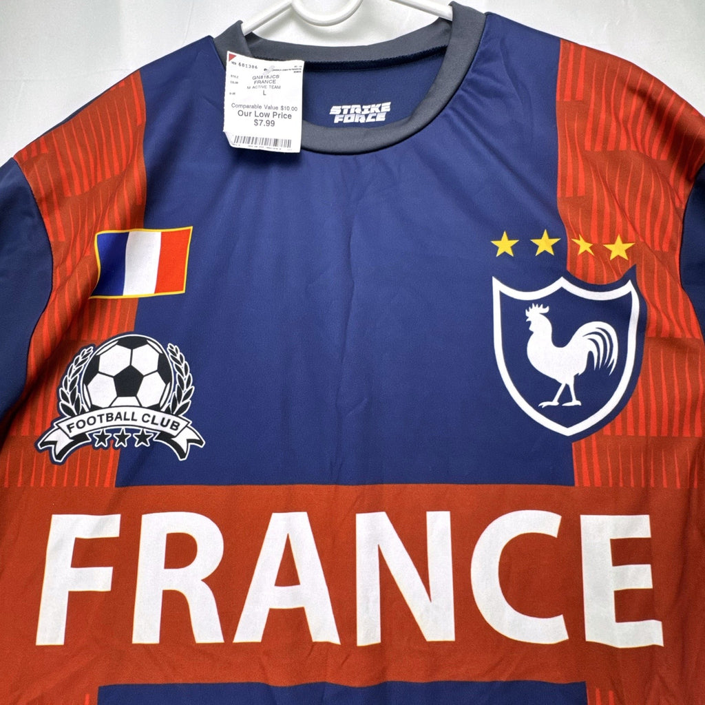 Strike Force France soccer jersey in blue and red panel design, men's size large with tags