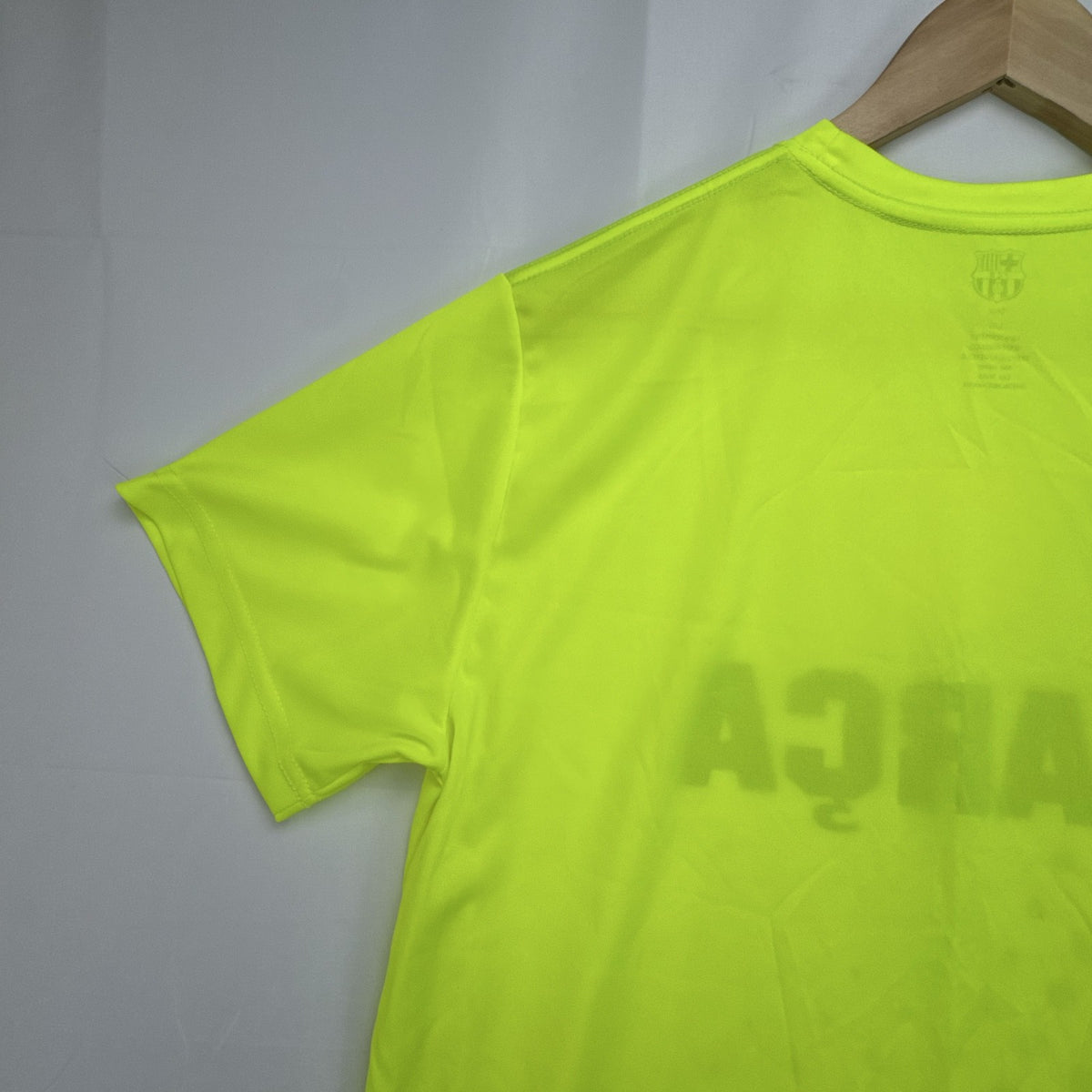 FC Barcelona neon yellow short sleeve soccer jersey with Barça crest graphic in men's size large