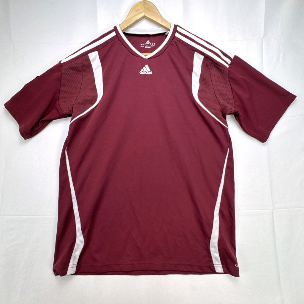Men's size Large burgundy adidas MLS training soccer jersey with white stripes and league patch