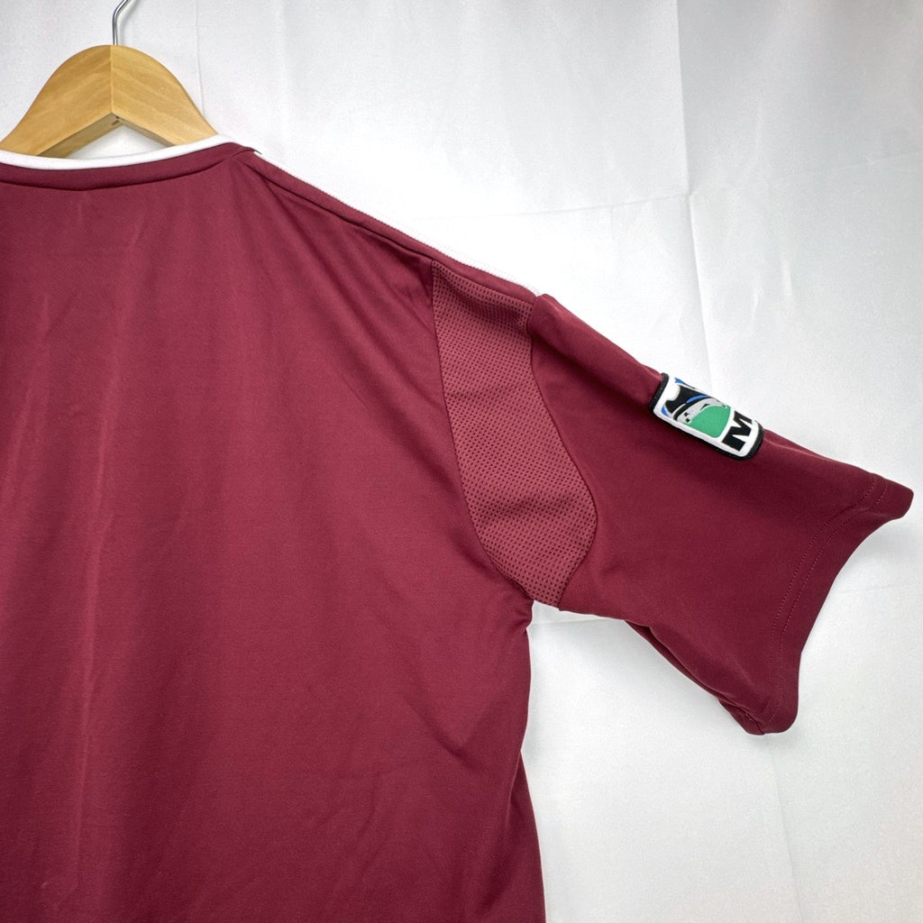 Men's size Large burgundy adidas MLS training soccer jersey with white stripes and league patch
