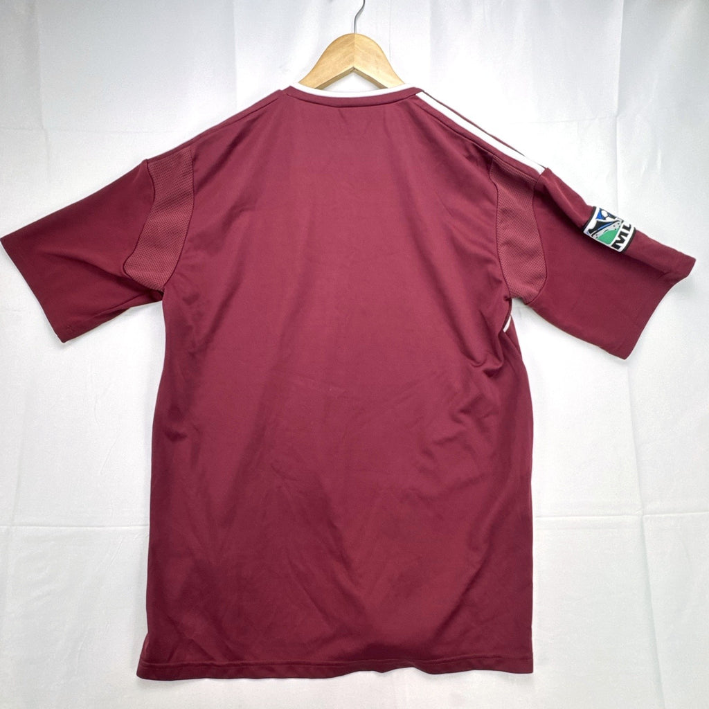 Men's size Large burgundy adidas MLS training soccer jersey with white stripes and league patch
