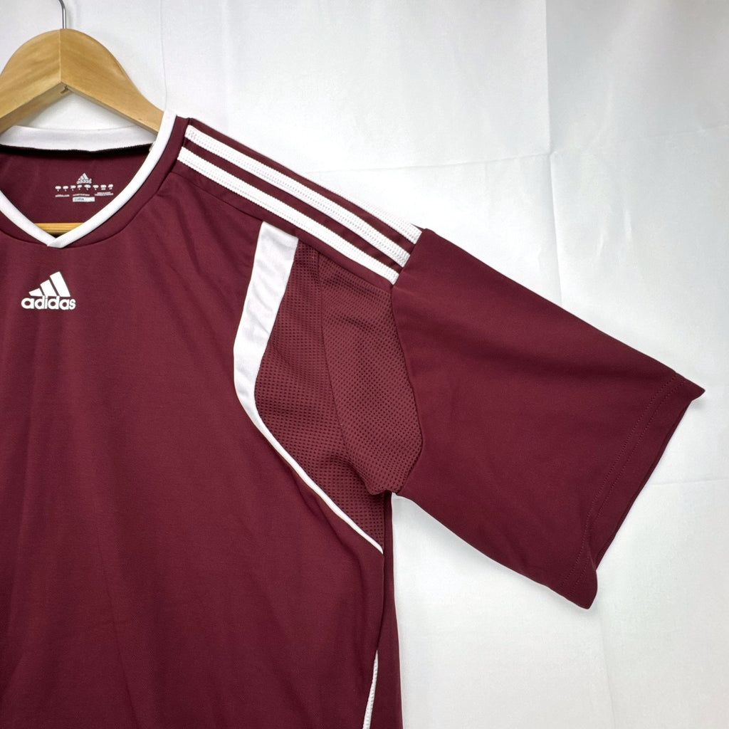 Men's size Large burgundy adidas MLS training soccer jersey with white stripes and league patch