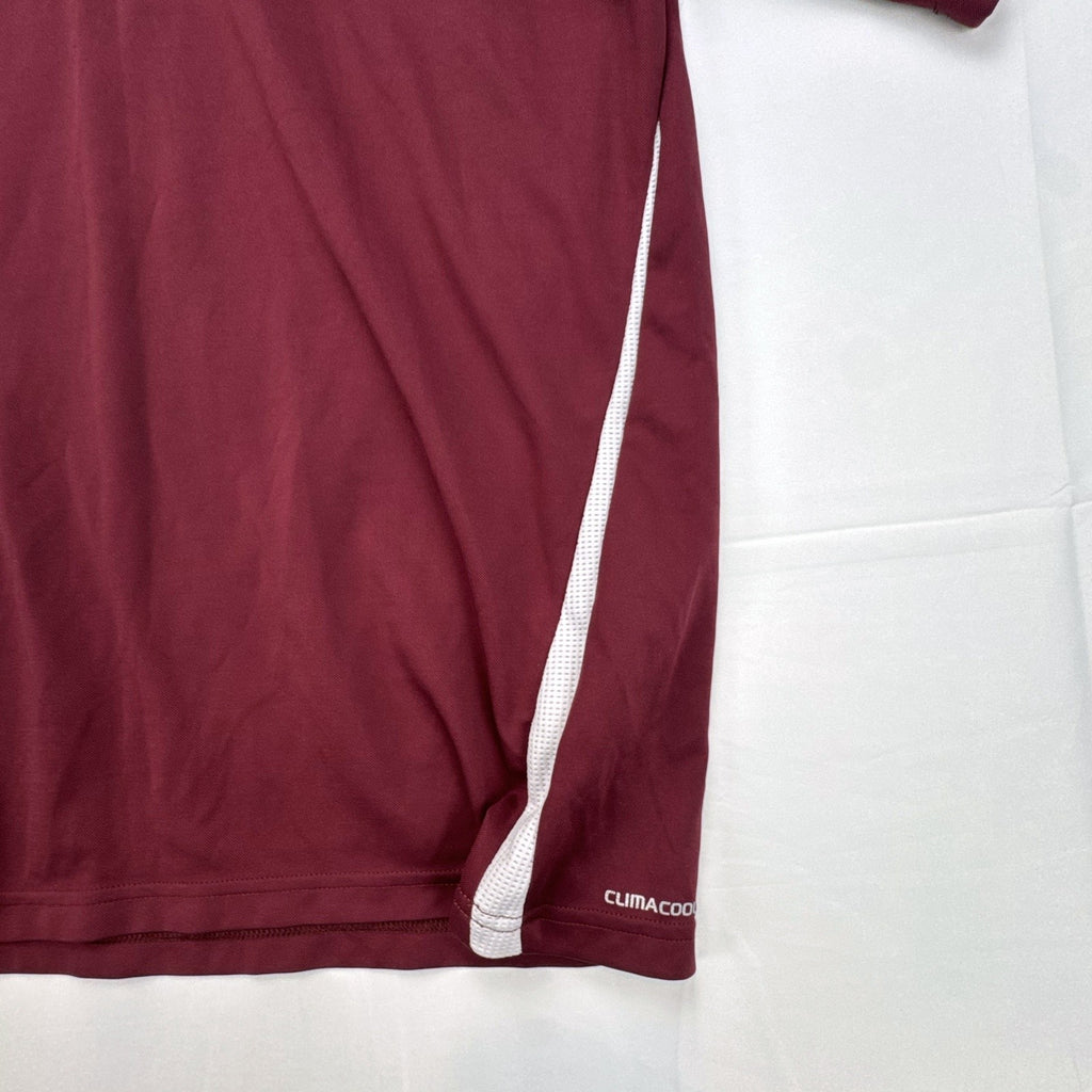 Men's size Large burgundy adidas MLS training soccer jersey with white stripes and league patch