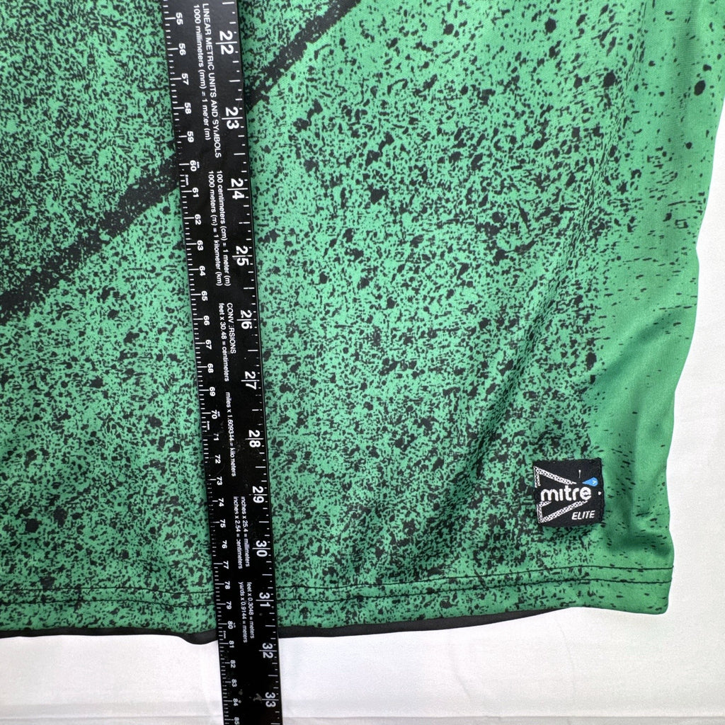 Mitre Mexico soccer jersey in black with green geometric print and red trim, men's size XL.