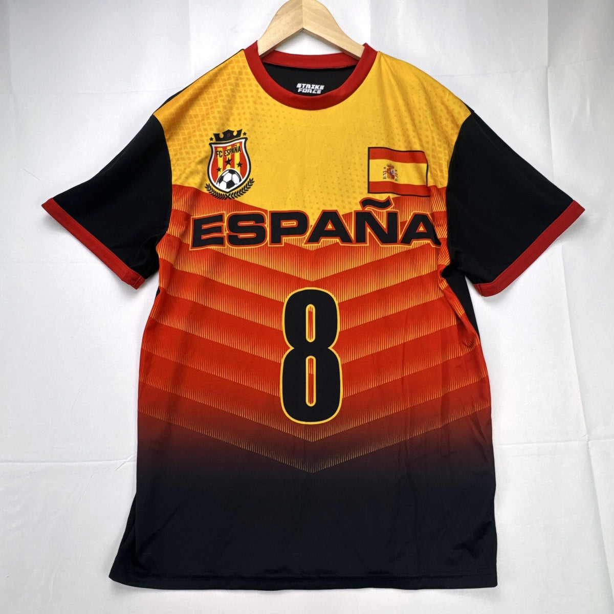 Strike Force Spain #8 soccer jersey in red, yellow, and black chevron print, men's size large