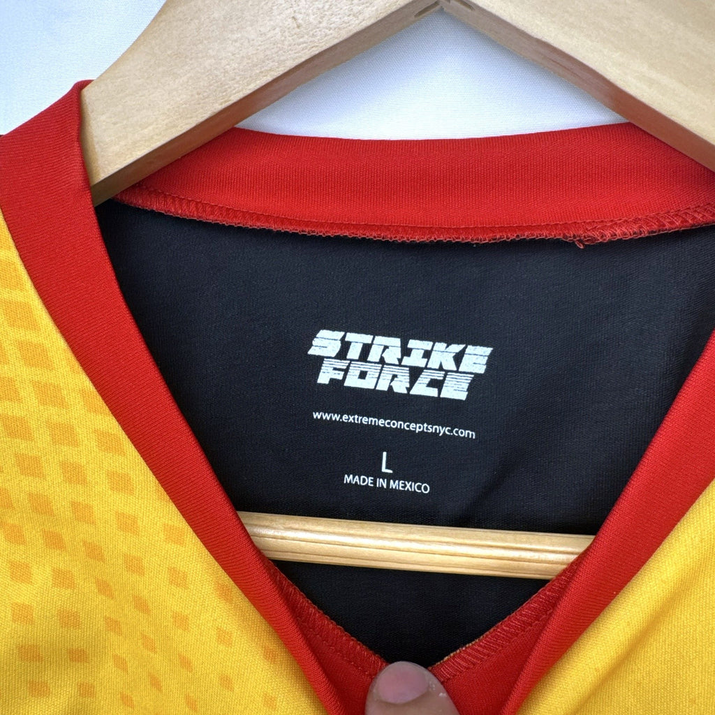 Strike Force Spain #8 soccer jersey in red, yellow, and black chevron print, men's size large
