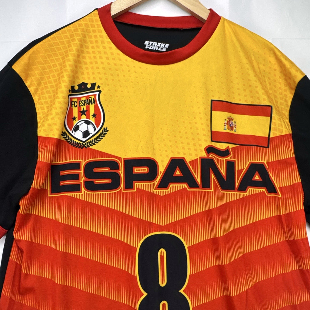Strike Force Spain #8 soccer jersey in red, yellow, and black chevron print, men's size large