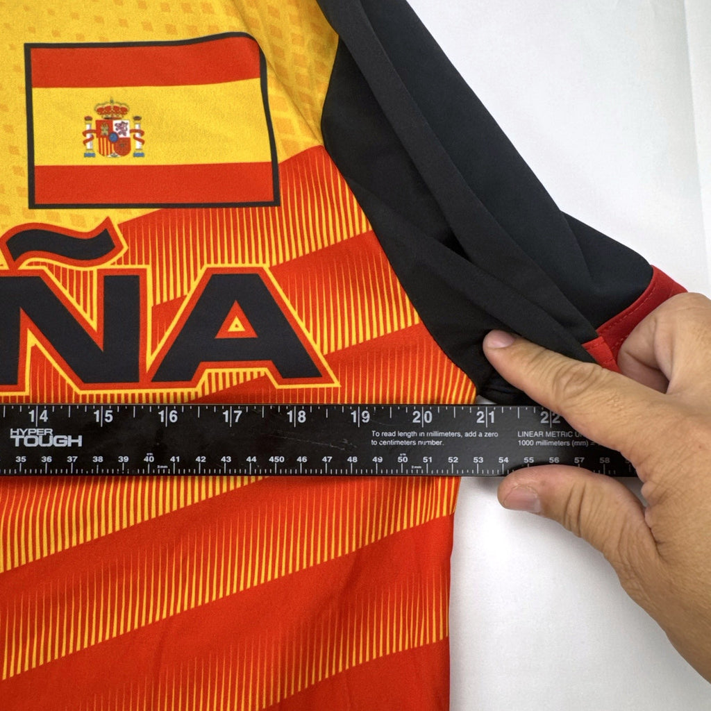 Strike Force Spain #8 soccer jersey in red, yellow, and black chevron print, men's size large