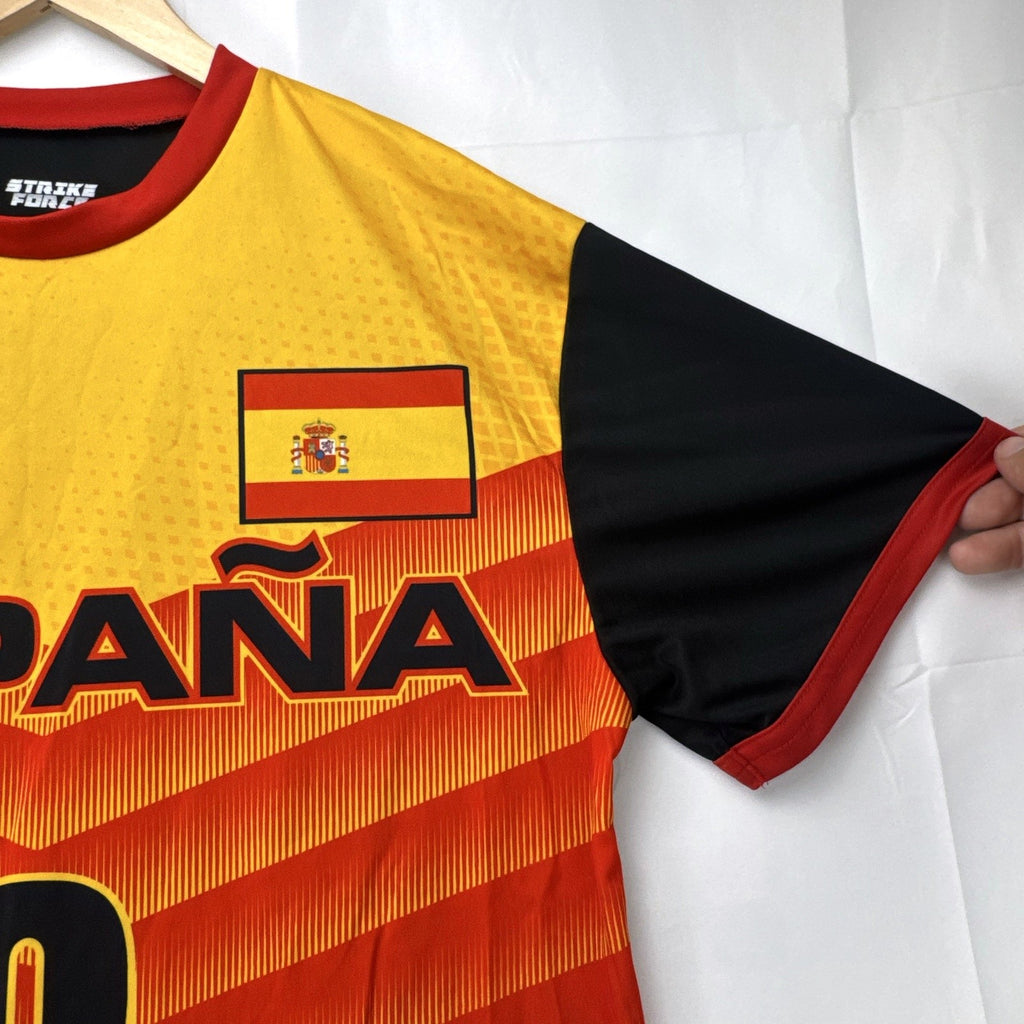 Strike Force Spain #8 soccer jersey in red, yellow, and black chevron print, men's size large