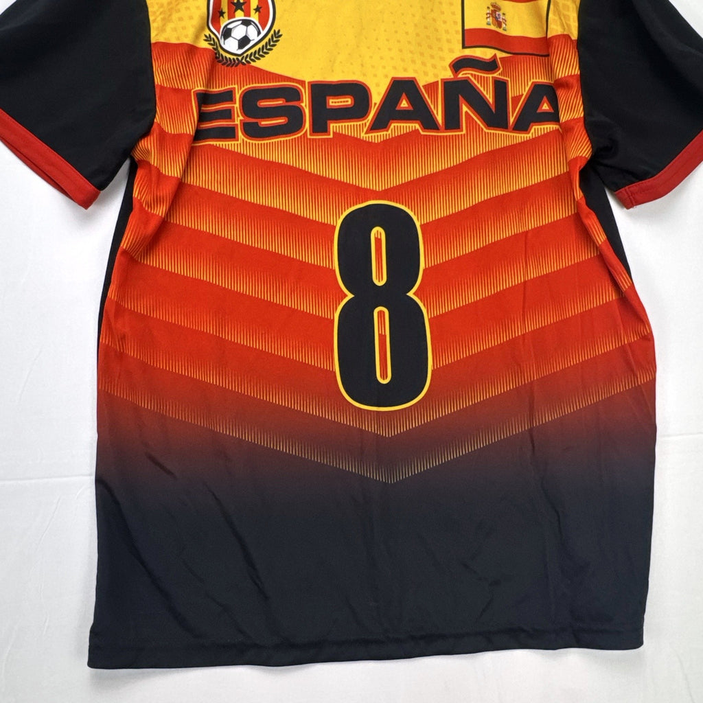 Strike Force Spain #8 soccer jersey in red, yellow, and black chevron print, men's size large