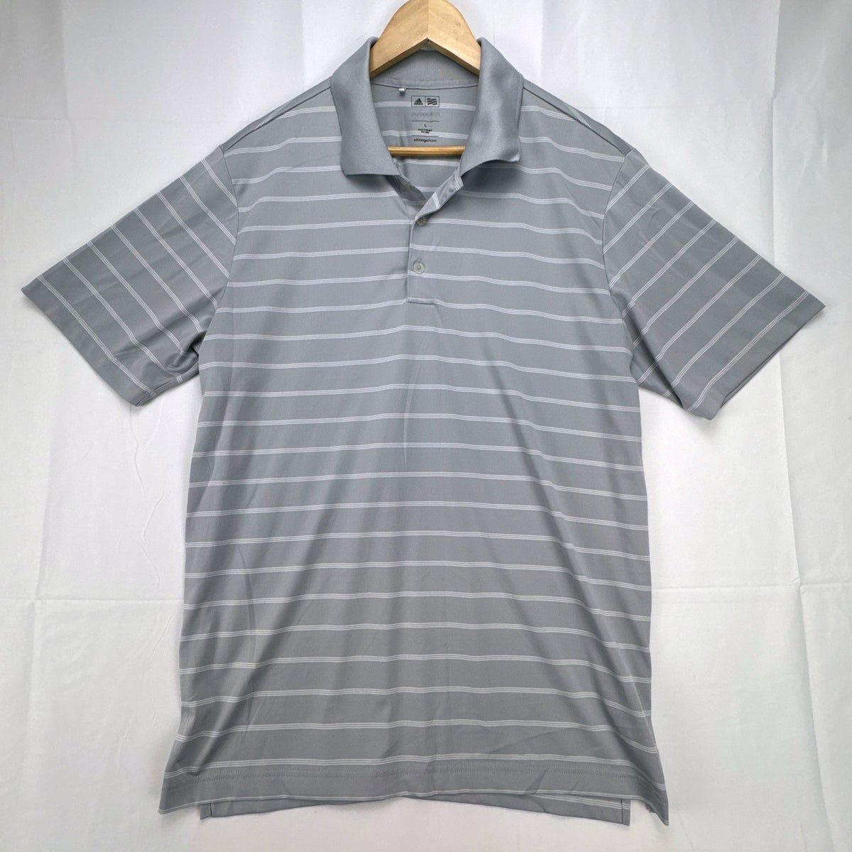 Adidas Puremotion gray striped short-sleeve golf polo shirt in men's size large