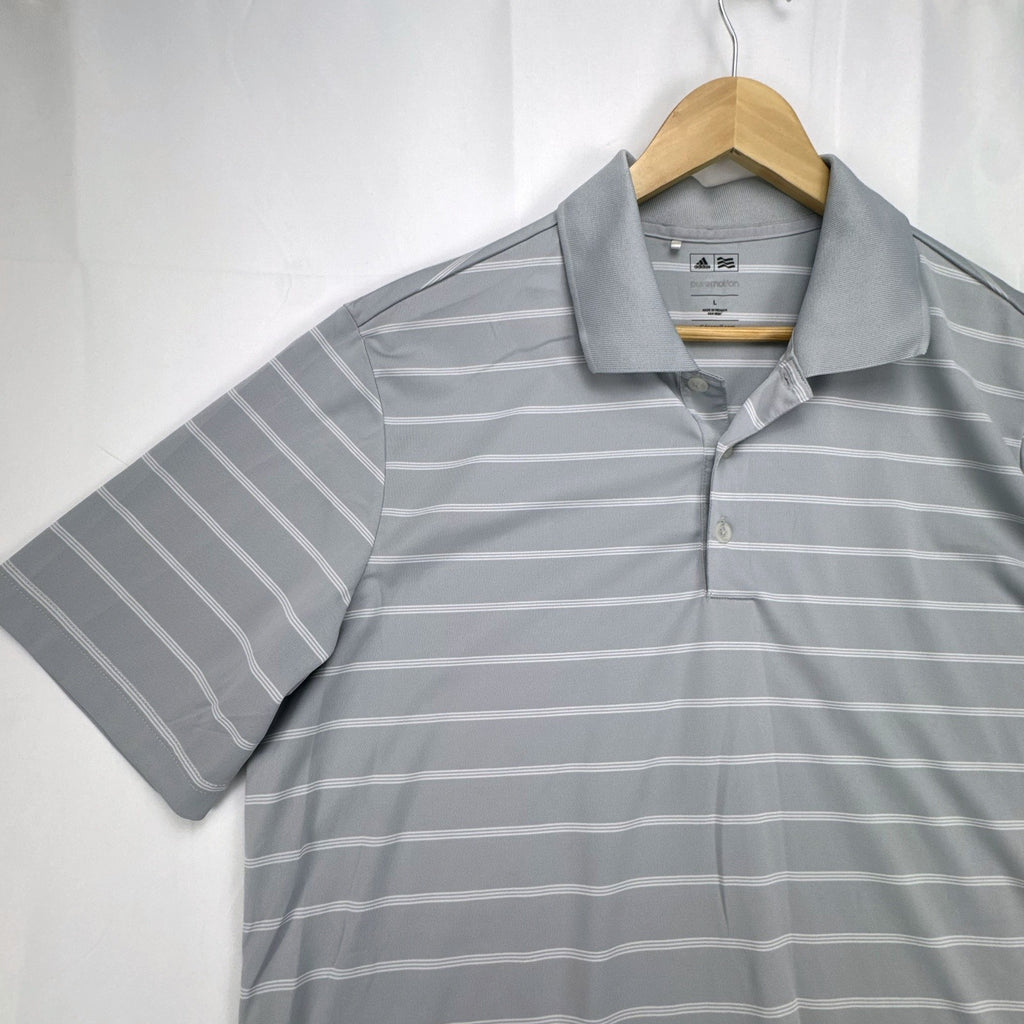 Adidas Puremotion gray striped short-sleeve golf polo shirt in men's size large