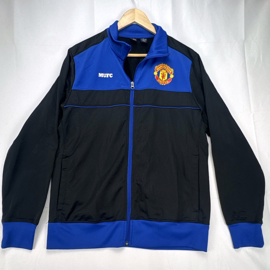Manchester United men's full-zip soccer warmup track jacket in black and blue, size large