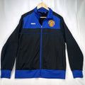 Manchester United men's full-zip soccer warmup track jacket in black and blue, size large
