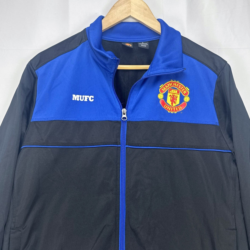 Manchester United men's full-zip soccer warmup track jacket in black and blue, size large