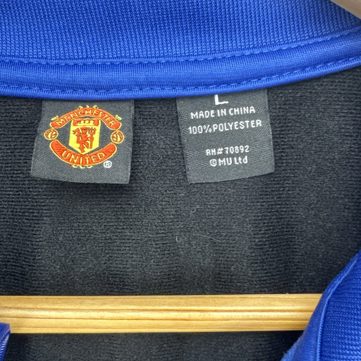 Manchester United men's full-zip soccer warmup track jacket in black and blue, size large