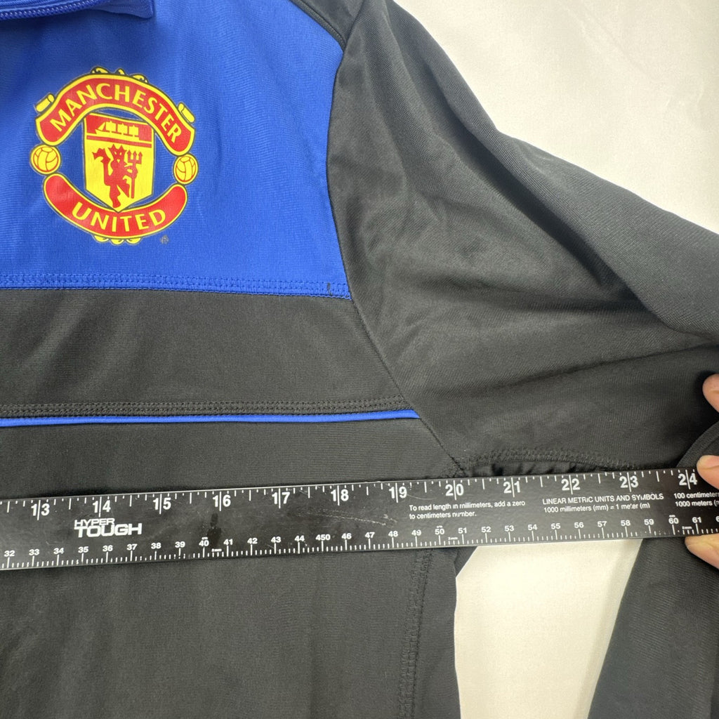 Manchester United men's full-zip soccer warmup track jacket in black and blue, size large