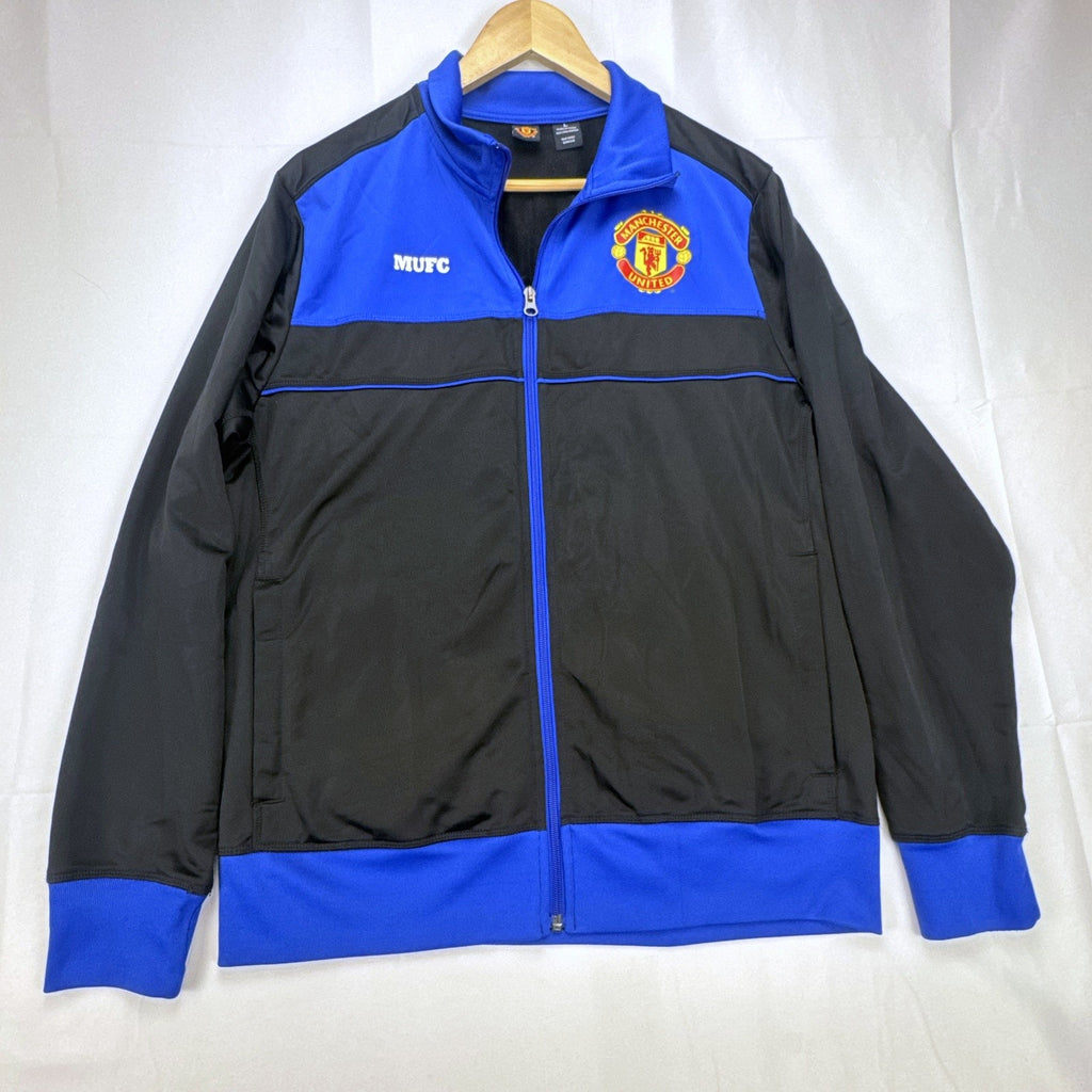 Manchester United men's full-zip soccer warmup track jacket in black and blue, size large