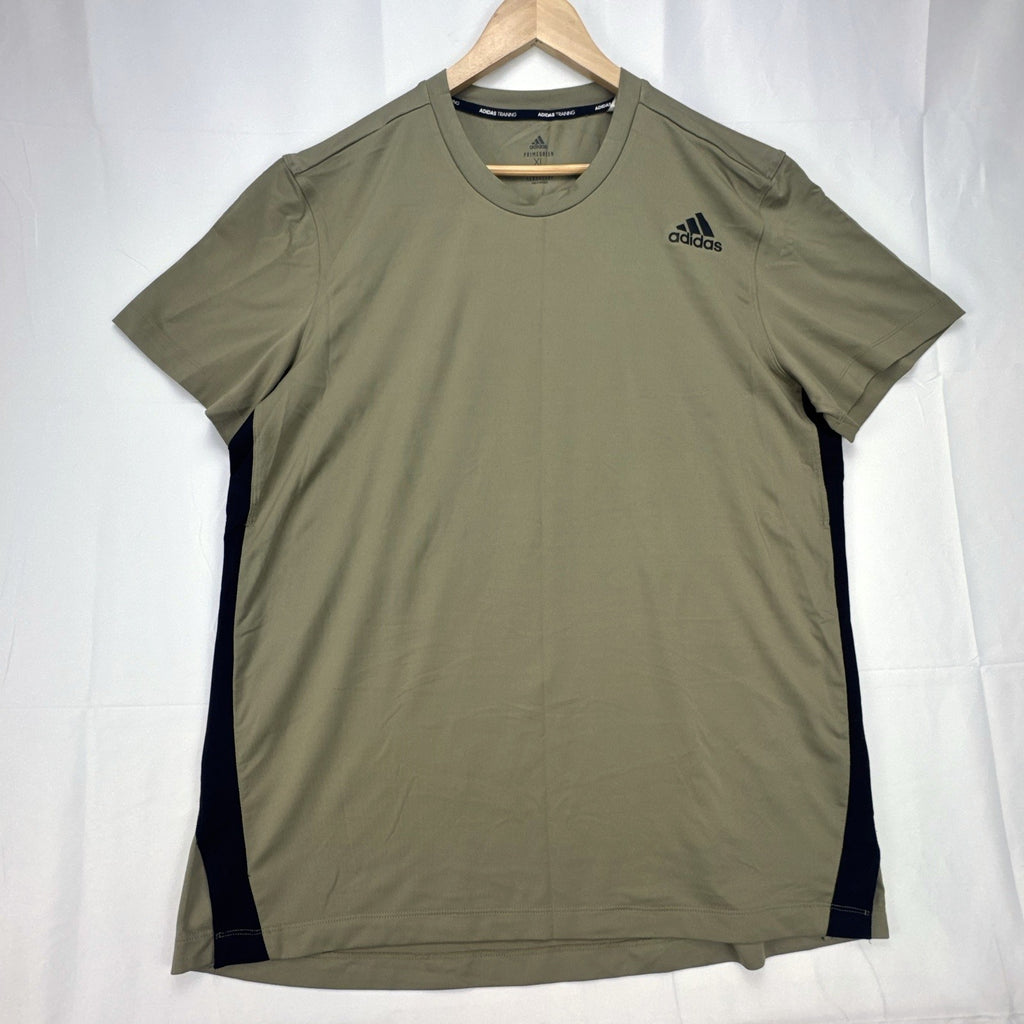 Men's adidas AEROREADY olive green training t-shirt with black side panels, size XL.