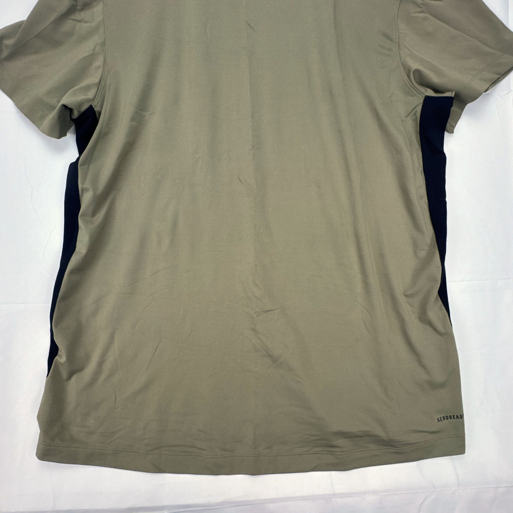 Men's adidas AEROREADY olive green training t-shirt with black side panels, size XL.