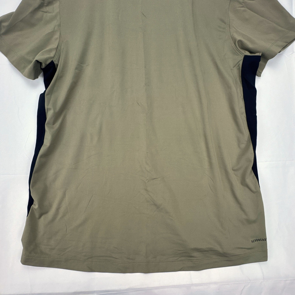 Men's adidas AEROREADY olive green training t-shirt with black side panels, size XL.