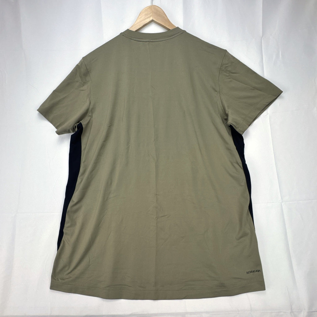 Men's adidas AEROREADY olive green training t-shirt with black side panels, size XL.
