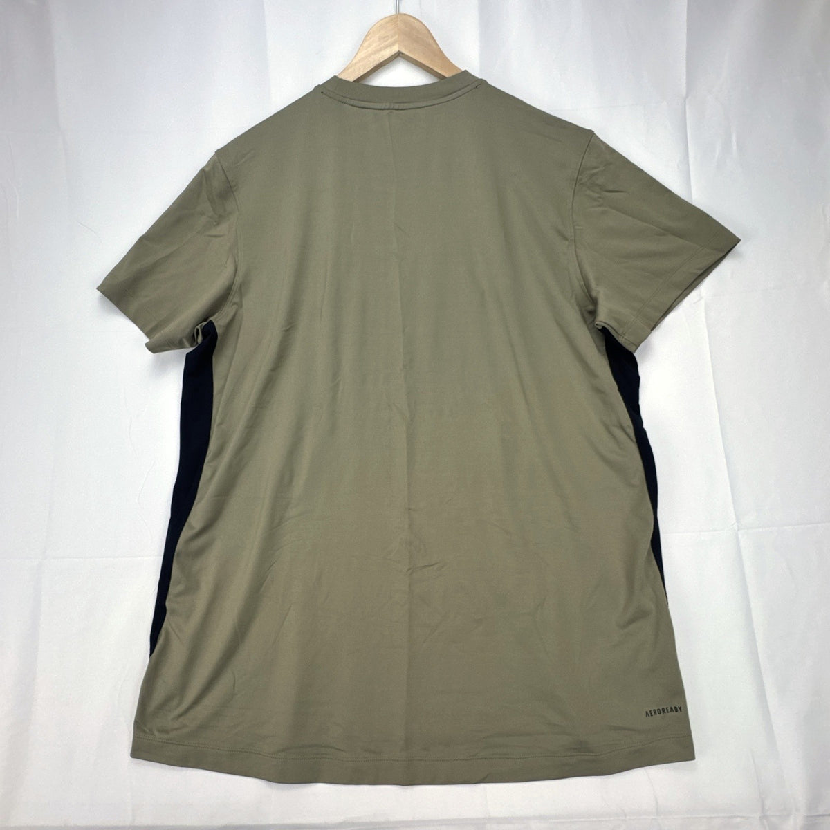Men's adidas AEROREADY olive green training t-shirt with black side panels, size XL.