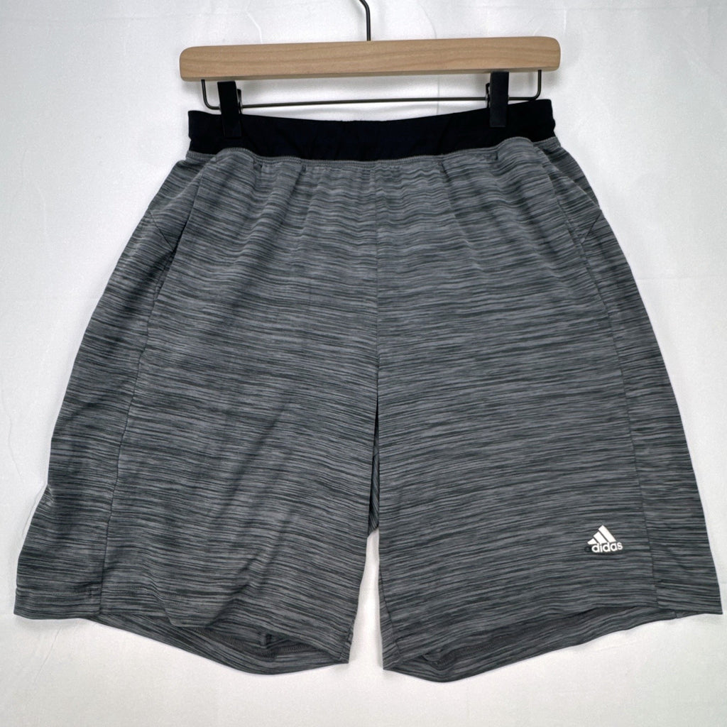 Men's small adidas Climalite athletic shorts in heather gray with black elastic waistband and side pockets.