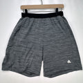 Men's small adidas Climalite athletic shorts in heather gray with black elastic waistband and side pockets.